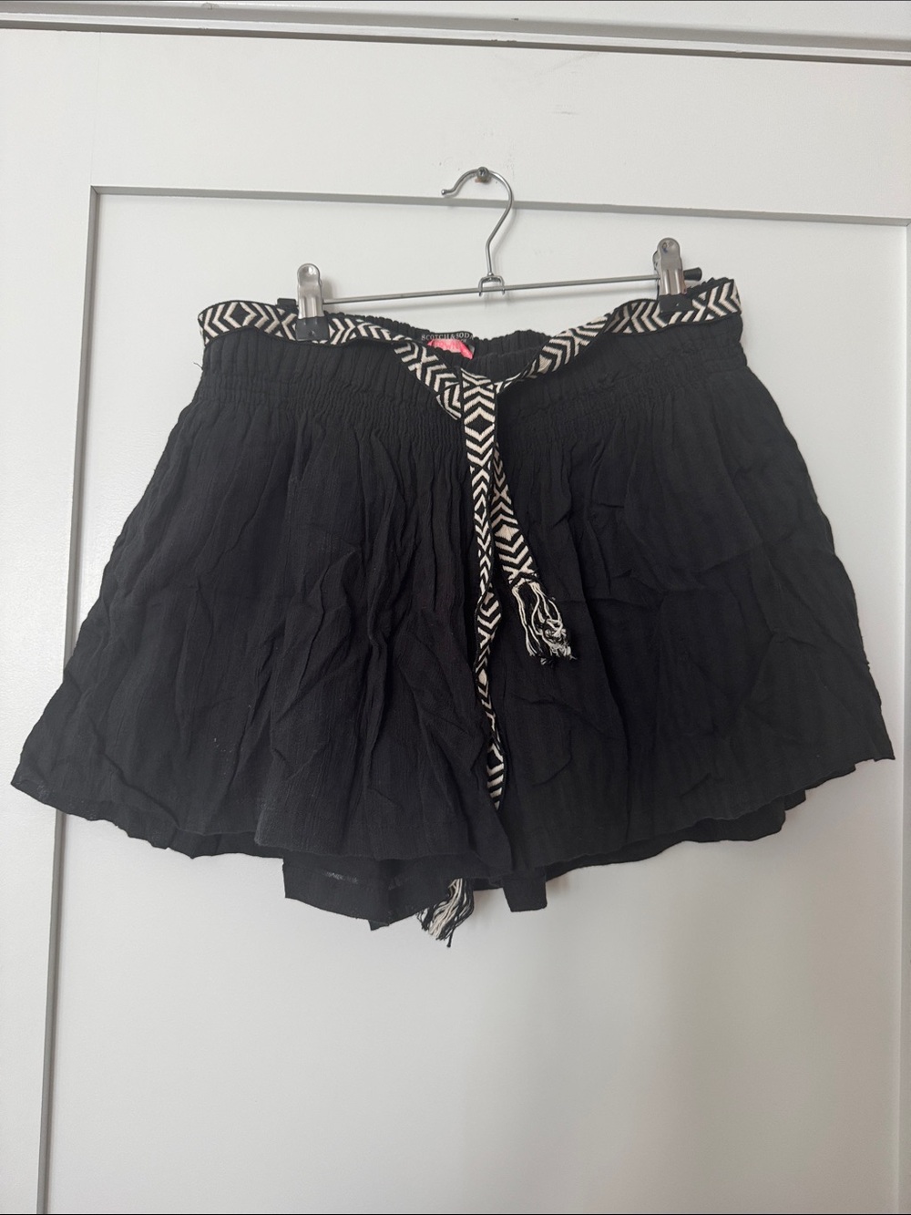 Scotch & Soda Black Smocked Waist Shorts with Chevron Tie